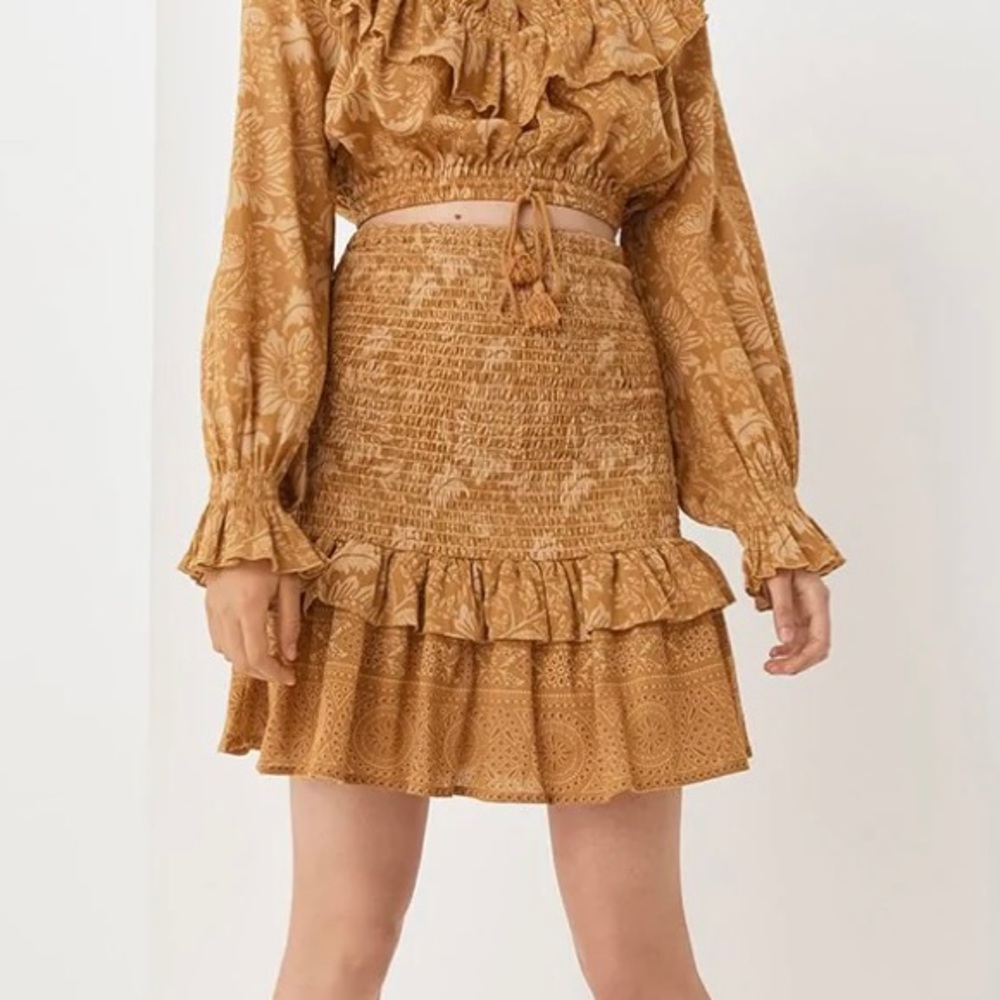 Spell Lioness Ruched Mini Skirt in Caramel